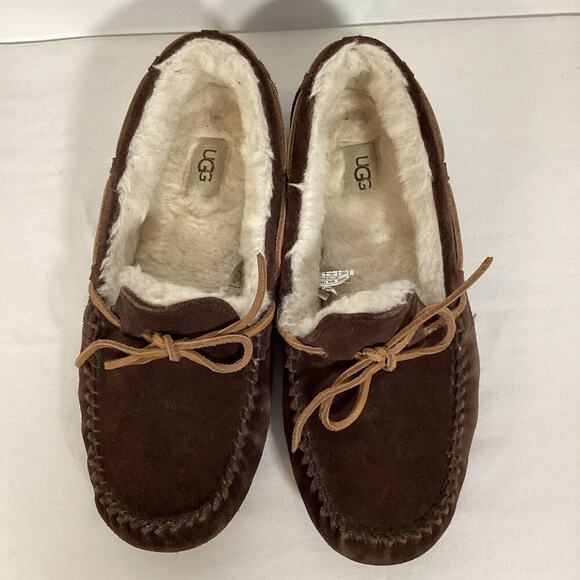 UGG Suede Leather Sheepskin Sherpa Lined Moccasin Slippers Women 10 Brown Warm - Picture 1 of 6